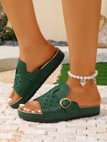 Sandálias Rasteiras Femininas, Chinelos de Praia Slip-On, Sola Grossa, Confortáveis e Elegantes, Design Floral com Corte a Laser Preciso, Adequado para Casa, Exterior, Praia, Caminhada - Verde - Visão 4