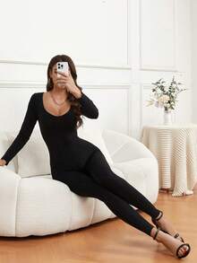 Women's Solid Color Shapewear Jumpsuit: Waist Cinching, Butt Lifting, Minimalist Slim Fit, Suitable For Everyday Wear - Black - View 4