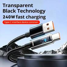Cabo de Dados Tipo-C com Carregamento Super Flash de 240W, Mecanismo de Proteção de Desligamento Automático, Luz de Respiração Transparente, Carregamento Rápido PD para , Honor, Celulares, Tablets e Laptops, Suporta Transferência de Dados Super Rápida - Preto - Visão 1