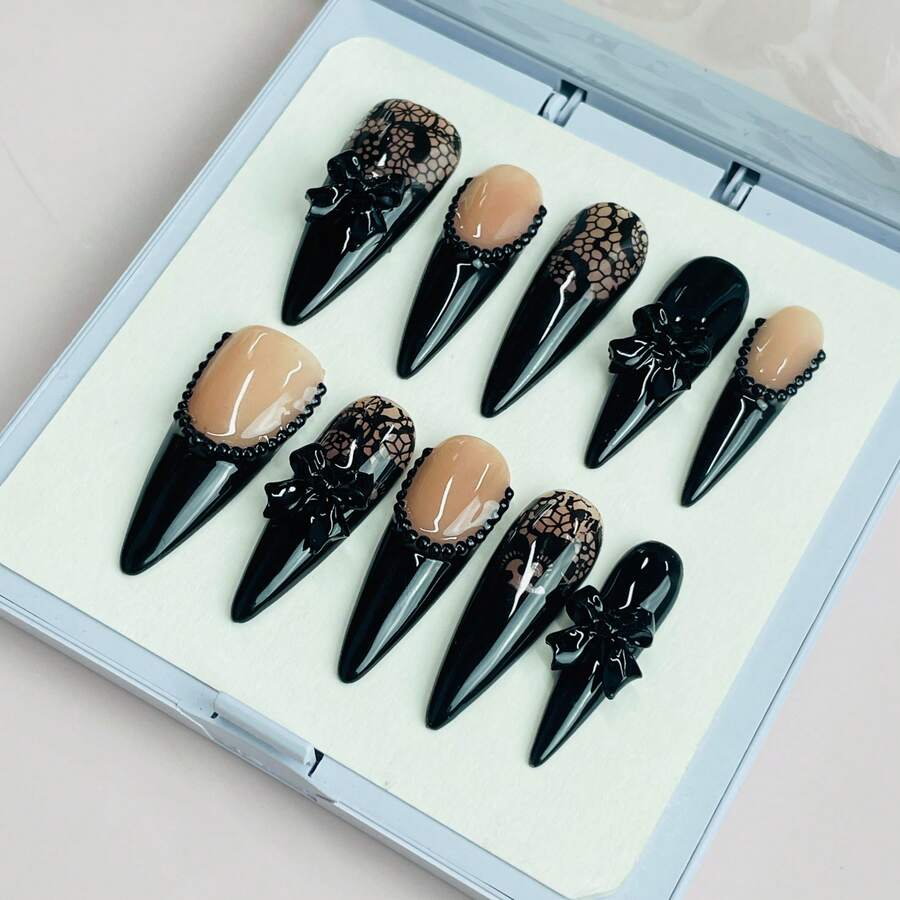 3D Black Nude Lace Bow Press-On Nails, Pearl Trim Decor, Handmade Retro Elegant Luxe Nail Tips - 黑色 - 查看 1