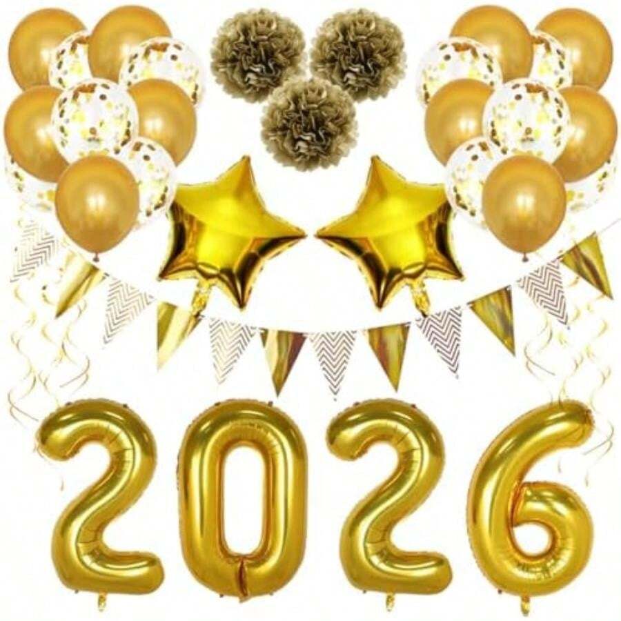 Globos de Fiesta de Año Nuevo 2026, Kit de Globos de Año Nuevo, Kit para Decorar Y Celebrar el Fin de Año 2026 Bandera de Feliz Año Nuevo Globos ()(Oro rosa)