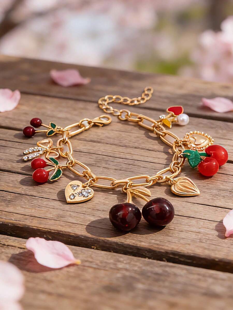 1pc Handmade Cherry Bow Heart Pendant Bracelet, Gold Chunky Chain, Fashionable Cherry Bracelet Jewelry, Spring/Summer