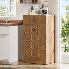 Tribesigns 13 Gallons Tilt Out Trash Can, Hidden Garbage Can Cabinet With Drawer, Wooden Fluted Trash Bin Cabinets For Kitchen Living Room, Rustic Brown - 質樸棕色 - 查看 2