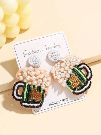 1 Pair Green Beer Mug & Pearl Bead Earrings - Creative Fashion Jewelry For Women, Handmade Bohemian Style