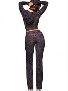 Women's Vintage Leopard Print Two-Piece Set  Graphic Zip-Up Long-Sleeve Jacket & Pants Streetwear - Màu tím - Xem 3