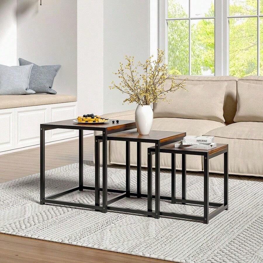 3pcs Coffee Table Set - Square Wooden Tabletop With Metal Frame, Multi-Functional End Tables For Living Room/Bedroom, Space-Saving Nested Design, Brown & Black - Brown & Black - View 1