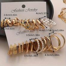 24Pcs/Set Fashion Women Faux Pearl Earrings Classic Simple C-Shaped Twisted Striped Hoop Earrings Suitable For Casual Party Banquet Daily Matching - Gold - View 6