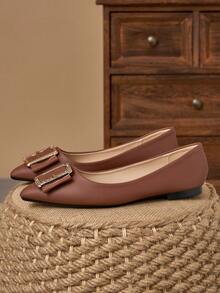 WHDXY Women's Fashionable Brown Pointed Toe Flats With Rhinestone Buckle, Versatile For Commuting And Casual Wear