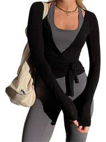 Pilates Wrap Tie Shirt Tops For Women Long Sleeve Ballet Tie Top Dance Ballerina Cover Up Top Yoga Workout Blouse - Black Cross - 查看 4