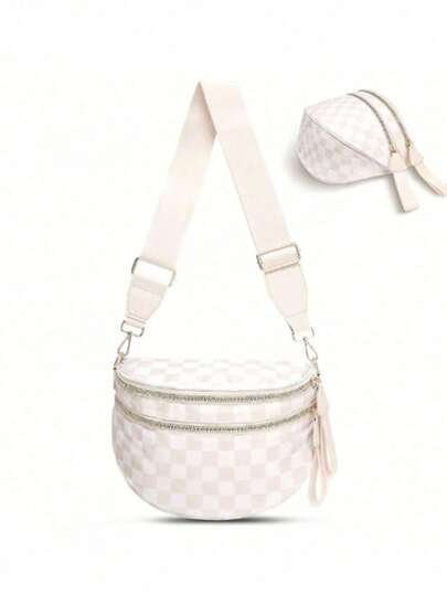 Bolso bandolera/riñonera a cuadros en blanco y negro, cartera/riñonera/riñonera de gran capacidad a cuadros para mujer