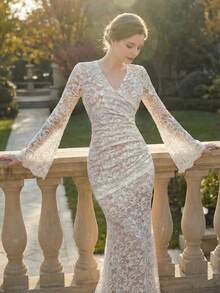 优雅蕾丝喇叭袖派对美人鱼连衣裙 浪漫法式V领夏季连衣裙 女士修身情人节服装 春季服装 婚礼宾客伴娘礼服 - 杏色 - 查看 3