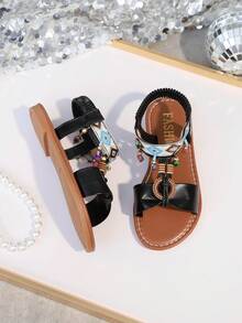 1双儿童波西米亚风套脚弹力带PU防滑耐穿可爱休闲平底鞋，适合送礼、上学、海滩、露营、春季郊游，2026新款 - 黑色 - 查看 7