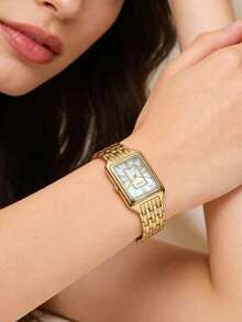 Fossil Raquel石英不锈钢三针腕表 - 方形系列 - 不锈钢表壳/水晶玻璃，时尚石英表，适合各种场合。是旅行、聚会、送礼和日常佩戴的完美之选。 - 銀色+金色 - 查看 4