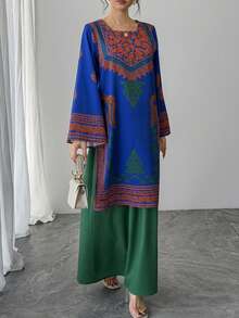 2 piezas Conjunto de mujer, Parte superior corta con mangas acampanadas y cuello cuadrado con estampado de ubicación azul + Falda de cintura elástica verde, Conjunto formal elegante de estilo árabe de lujo con contraste de colores para fiesta, vacaciones y uso diario en primavera - Azul - Ver 8