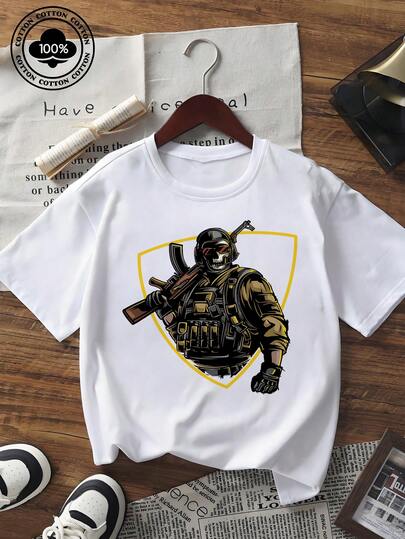 Men's Summer Short Sleeve T - Shirt, Casual Streetwear Style With Round Neck & Loose Fit, Featuring Cool Military Soldier Graphic Print On Yellow Shield Background,  Fashion Tees For Daily Wear, Outdoor Activities & Street Look