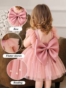 Baby Girls' Pink Cap Sleeve Bow Beaded Mesh Elegant Party Dress, Princess Dress Suitable For Girls, 1st Birthday, Party, Banquet, Wedding Flower Girl, Holiday Celebration - Pink - View 4