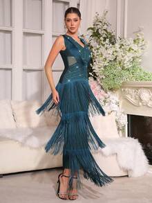 New Fashionable Fringed Maxi Dress, Rhinestone Embellished Slimming Sexy Long Dress, Suitable For Women's Wedding, Festival Party, Formal Dinner Gown - Teal Blue - View 4