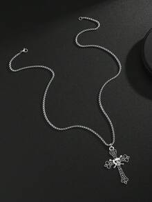 1件欧美哥特复古骷髅十字吊坠项链，男士时尚街头服饰 - 銀色 - 查看 4