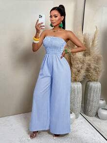 AIJ Bộ áo liền quần ống rộng xếp ly in họa tiết hoa cổ điển dành cho nữ (họa tiết ngẫu nhiên), thích hợp cho mùa hè. - Sọc xanh và trắng - Xem 1