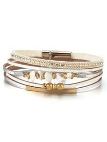 1 件女式皮绳天然石珠和铜管设计白色手链，夏季海滩配饰