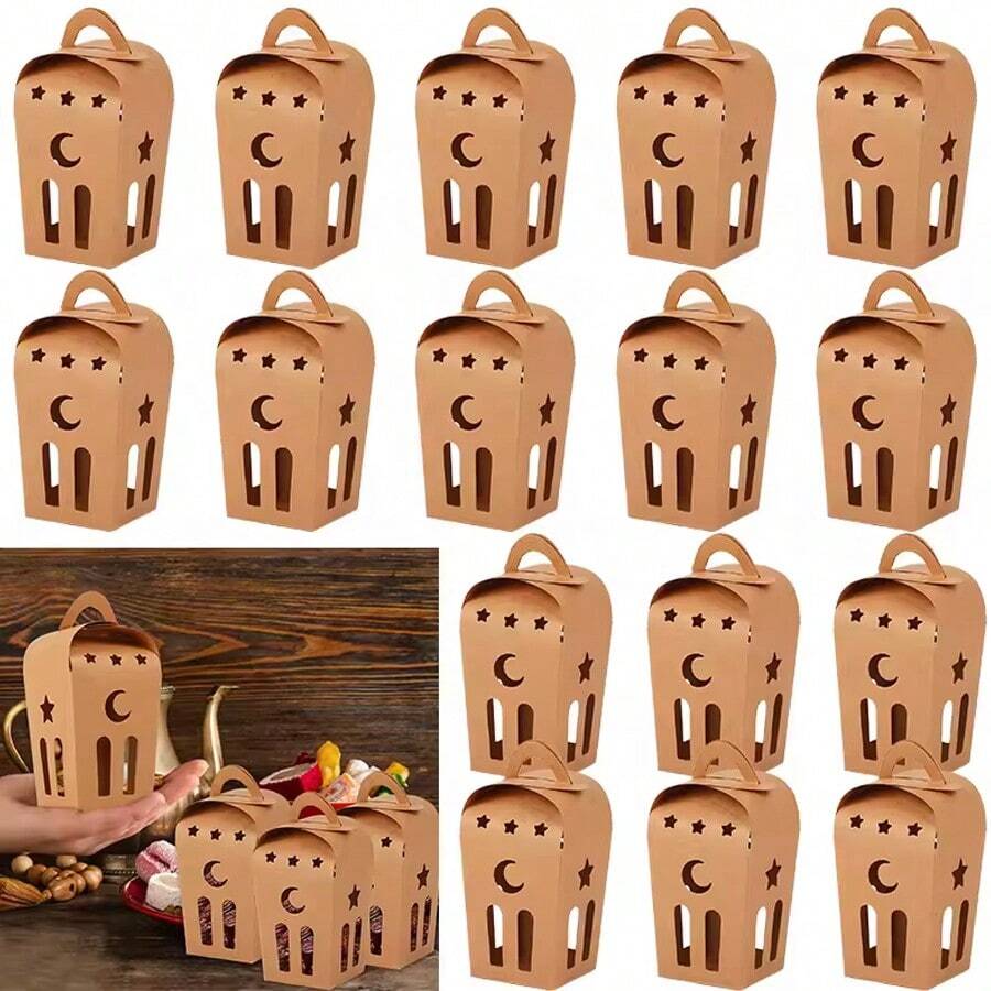 10pcs Eid Mubarak Gift Boxes, Crescent Moon Hollow Design Foldable Paper Boxes, Islamic Ramadan Strength Paper Candy Cookie Packaging Boxes With Handle, Ramadan Gift Boxes, Suitable For Birthday, Wedding, Ramadan, Party Gifts | Light Brown - Multicolor - View 1