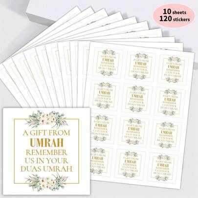 120pcs/10sheets Islamic Umrah Mubarak Stickers - Rectangle Islamic Muslim Pilgrims Stickers, Hajj & Umrah Pilgrimage Labels For Prayer Books, Gift Wrapping, Ramadan & Eid Party Decor
