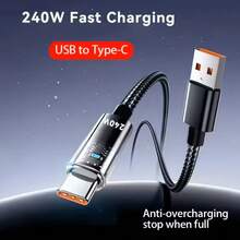 Cabo de Dados Tipo-C com Carregamento Super Flash de 240W, Mecanismo de Proteção de Desligamento Automático, Luz de Respiração Transparente, Carregamento Rápido PD para , Honor, Celulares, Tablets e Laptops, Suporta Transferência de Dados Super Rápida - Preto - Visão 6