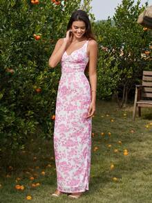 PARTHEA Women's Sleeveless Pink Black Floral Print Straps Cami Maxi Dress Elegant Ruched Slit Backless Design High Stretch Long Party Wear - Pink - View 6