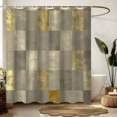 1件复古撞色银灰色浴帘，简约对比拼接印花浴帘，适用于浴室装饰、一般房间装饰、家居装饰套装、浴室配件浴缸帘