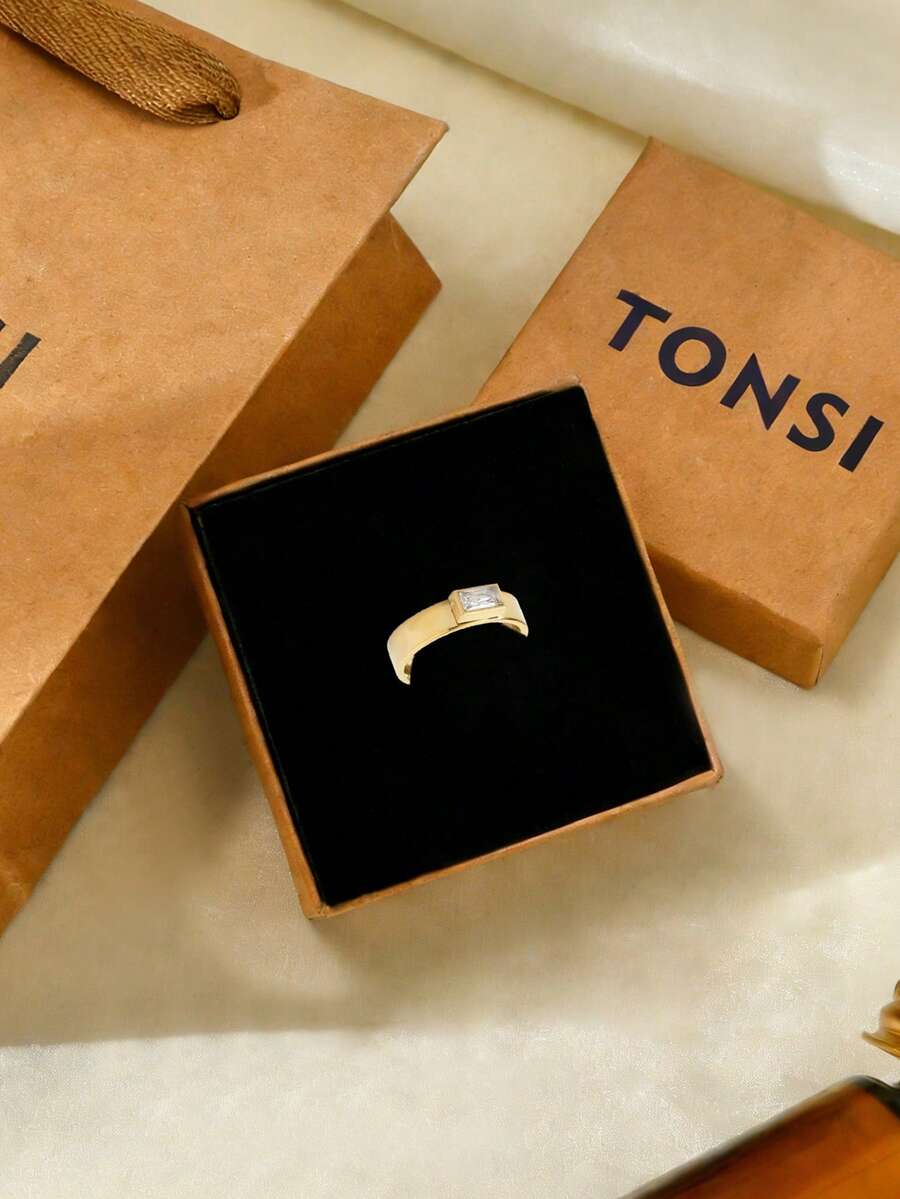 TONSI 1枚18K镀金不锈钢镶钻戒指，情侣戒指，结婚戒指，情人节礼物，情侣首饰礼盒，适合日常佩戴、通勤、婚礼，送给朋友和爱人的礼物