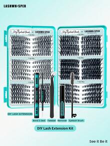 DIY睫毛嫁接套装，包含睫毛簇、胶水、卸妆液、镊子和刷子，打造轻盈自然的妆效，长度9-16毫米混合，D型卷度，可重复使用，适合日常妆容。 - 淺藍色 - 查看 7
