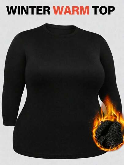 1pc Plus Size Thermal Lined Crew Neck Long Sleeve Solid Color Casual Base Layer Top, Versatile & Fitted For Autumn/Winter