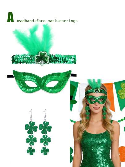 Parure de cap cu pene pentru festivalul irlandez de Ziua Sfântului Patrick, bentiță cu paiete, mască cu paiete, ochelari verzi în formă de inimă, cercei cu trifoi strălucitor, set de cercei norocoși, diverse costume de petrecere