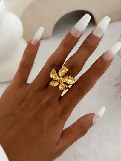 1pc Fashionable Stainless Steel Flower, Butterfly, Heart & Bow Decor Faux Pearl Adjustable Ring, Suitable For Women Everyday & Summer Vacation Wear, Great Gift