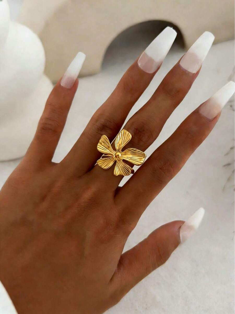 1枚时尚不锈钢花朵、蝴蝶、爱心和蝴蝶结装饰仿珍珠可调节戒指,适合女性日常佩戴和夏季度假佩戴,精美礼品 - 金黃色 - 查看 1