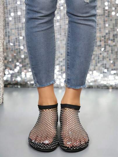 1 par de sandalias planas para mujer, con diseño de piedras de Rin y malla, cómodas y transpirables, sandalias planas brillantes y de moda, adecuadas para fiestas, vacaciones, Día de San Valentín