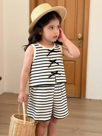 2pcs/Set Young Girl Casual Knit Striped Jacquard Sleeveless Top And Shorts Set, Suitable For Summer Outdoor, Daily Wear, Leisure & Holiday