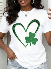 St Patrick's Day Women's Short Sleeve T-Shirt Green Heart And Clover Print Casual Wear For Festive Celebrations - trắng - Xem 1
