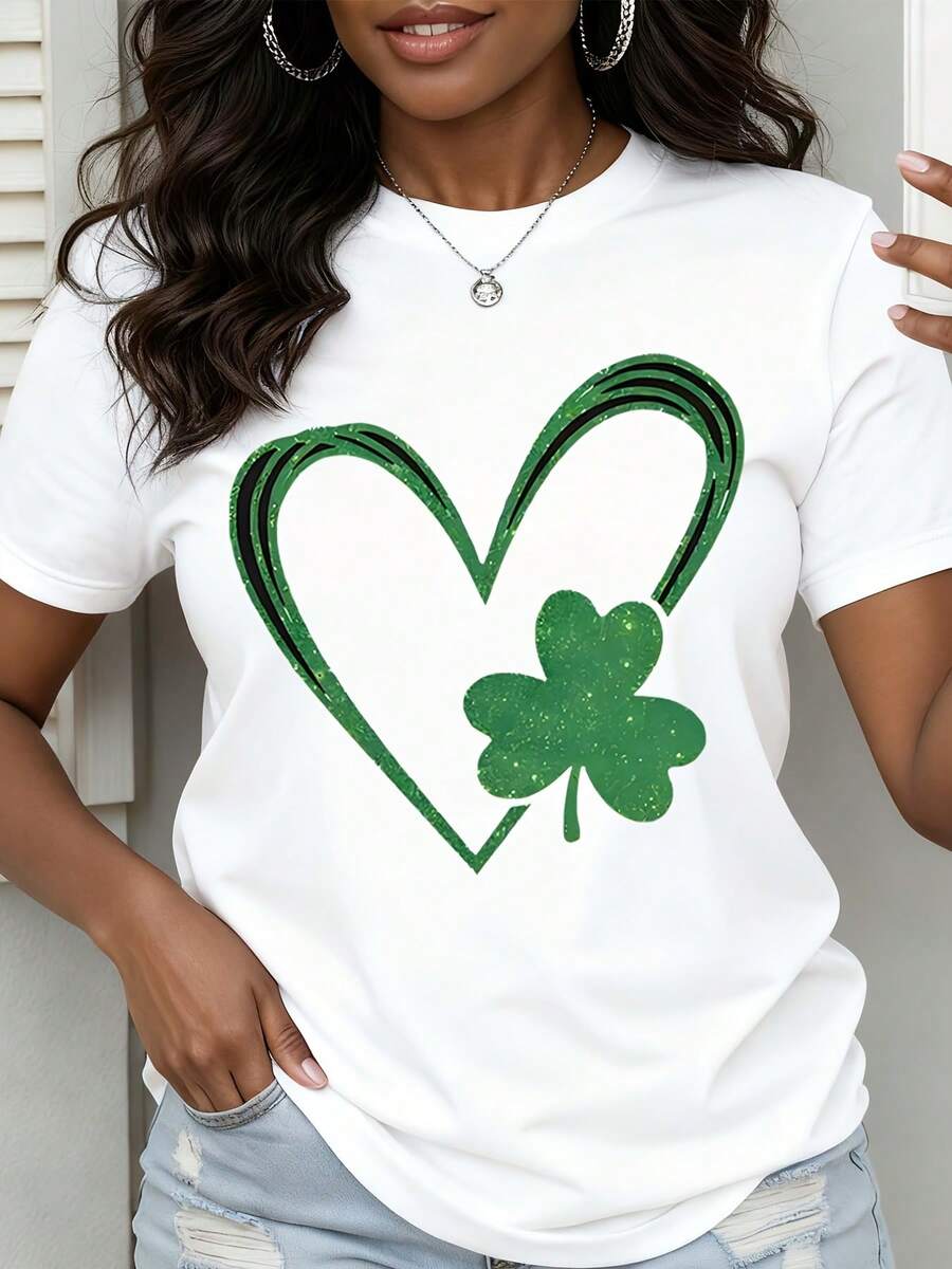 St Patrick's Day Women's Short Sleeve T-Shirt Green Heart And Clover Print Casual Wear For Festive Celebrations - trắng - Xem 1