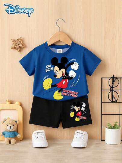 Disney Summer Baby Boys Newborn Mickey Mouse Cute Print Short Sleeve T-Shirt And Shorts Set, Party Time Cartoon Pattern, Stretchy Basic Outfit Suitable For Newborn Infants Daily Wear, Great Gift