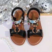 1双儿童波西米亚风套脚弹力带PU防滑耐穿可爱休闲平底鞋，适合送礼、上学、海滩、露营、春季郊游，2026新款 - 黑色 - 查看 8