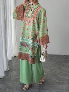 Bộ đồ nữ 2 món, áo dài tay loe cổ chữ V in hoa màu xanh lá cây + quần ống rộng cạp chun màu xanh lá cây trơn, bộ trang phục trang trọng kiểu Ả Rập sang trọng phối màu tương phản, thích hợp cho tiệc tùng, kỳ nghỉ hoặc mặc hàng ngày vào mùa xuân. - Màu xanh Cadet - Xem 3