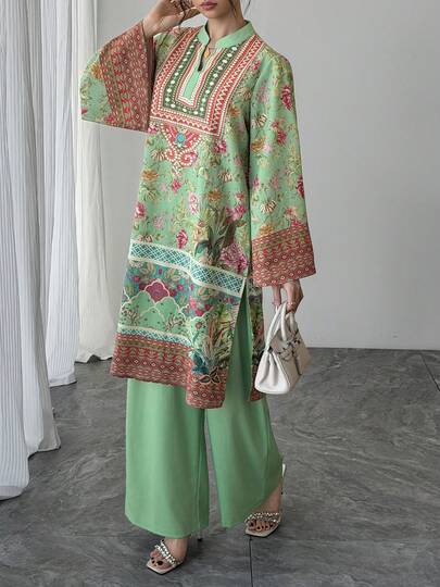 两件套女士套装，绿色印花V领喇叭袖长款套头衫+纯绿色弹力腰阔腿裤，优雅阿拉伯风格撞色奢华正式套装，适合派对、假日、日常穿着。