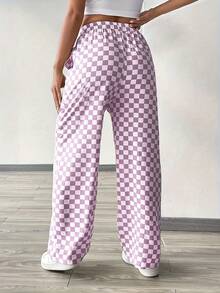 Fashionable Pink Plaid Wide Leg Pants, Women's Long Drawstring Polyester Pants, Comfortable Non-Stretch, Versatile Style - Mauve Purple - View 2