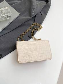 1pc Women's New Fashion Vintage One Shoulder Bag, Metal Chain Lightweight Crossbody Bag, PU Material, Casual Flap Square Bag, Crocodile Skin Bag, Girl Shopping Bag, Suitable For Women's Daily Commute, Compact And Portable - White - View 7