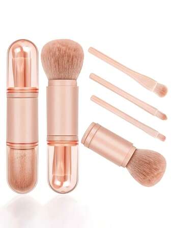 4 pièces Kit de pinceaux de maquillage 4 en 1, pinceaux de mise en évidence du visage, mini pinceau à paupières, pinceau de maquillage rétractable, pinceau de poudre libre de voyage portable, outils de pinceau de maquillage