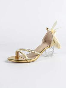 Women's Ribbon & Pearl Decor Chunky Heel Square Toe Lace-Up Sandals, Elegant Bridal Style, Suitable For Brides In Summer, Gold Color,Block Heels - Gold - View 6