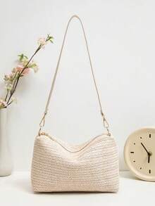 草编包，假日休闲草编手提包，金属圆扣篮包，沙滩风手提包（随机图案），夏季度假包 - 米色 - 查看 1