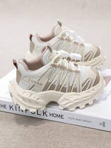 1 Pair Kids' Mecha Chunky Sneakers, Mesh Breathable, Boys/Girls Thick Sole Shock Absorbing Anti-Slip Toddler Athletic Shoes, Fashionable Casual Running Shoes - Beige - View 6