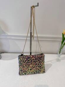 Bolso de hombro con rectángulo de lentejuelas brillantes, cierre de cremallera, correa ajustable, bolso de embrague pequeño personalizado y versátil - Multicolor - Ver 10